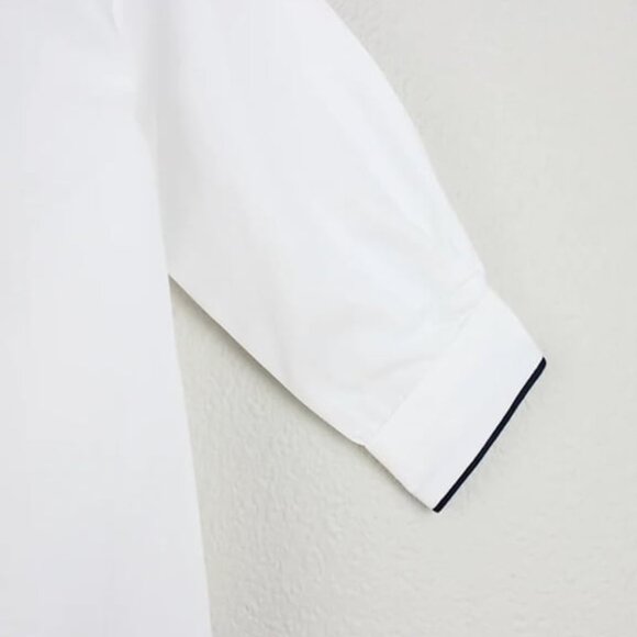 UNISEX-Long Sleeve White Cotton Shirt with Peter Pan Collar with RED TRIM - Picture 4 of 5